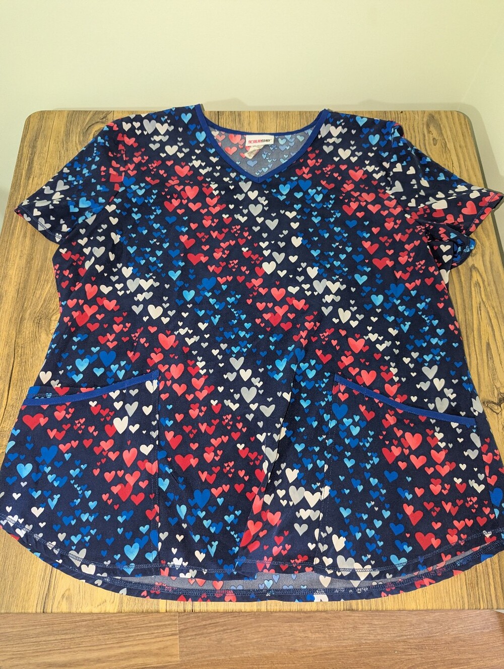 XL Scrubstar Navy V-Neck Top with Red, Blue & White Hearts